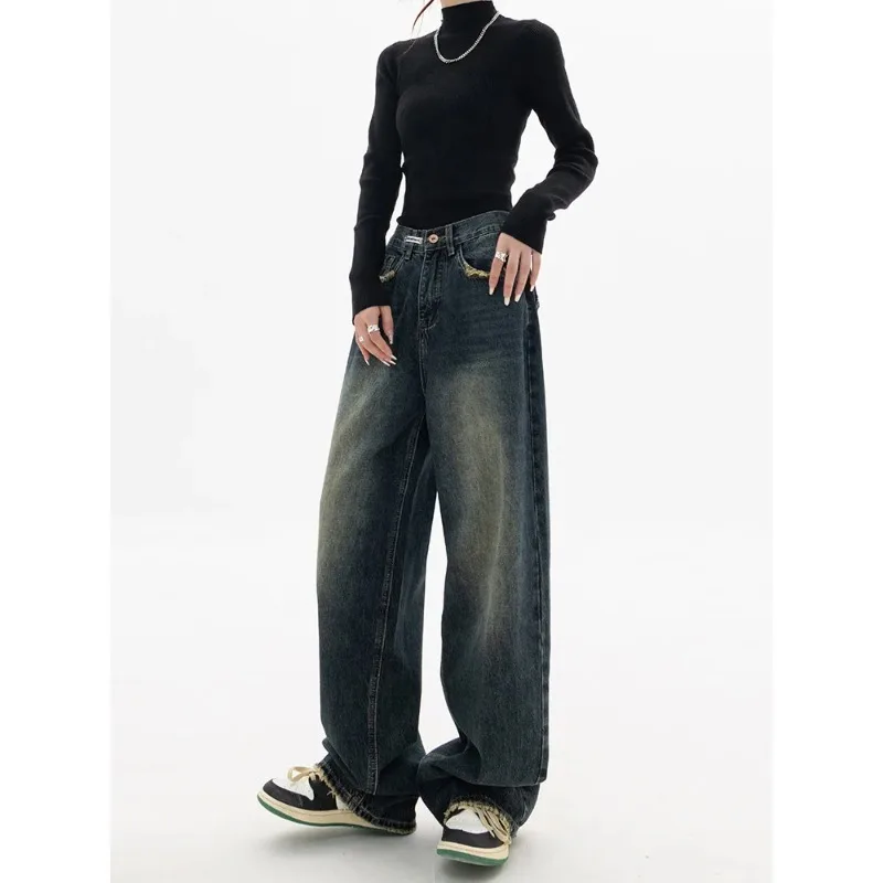 Jeans a gamba larga primavera autunno Pantaloni in denim a vita alta da donna Jeans da donna Harajuku Vintage stile BF Allentato Femme Streeetwear