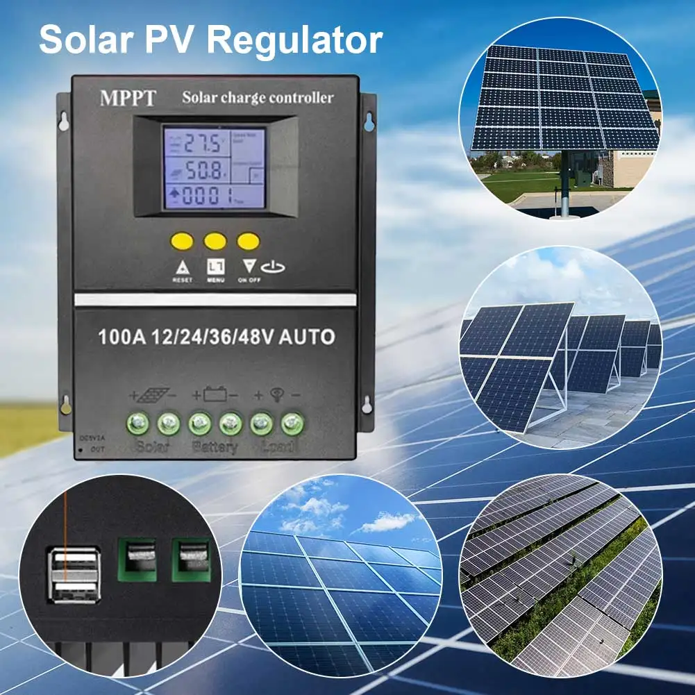 100A MPPT Solar Charge Controller LCD Display Solar PV Battery Charger Dual USB 12V 24V 36V 48V Auto Solar Charge Controller ﻿