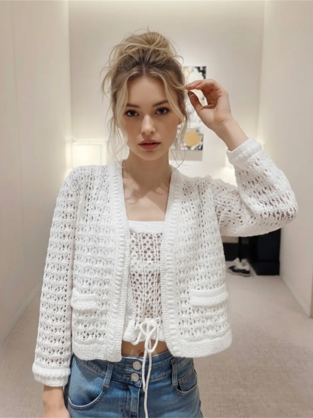 2026 New Women V Neck Bell Sleeve Hollow Out Knit Cardigan White Buttoned Crochet Sweater Top Summer Sunscreen Outerwear