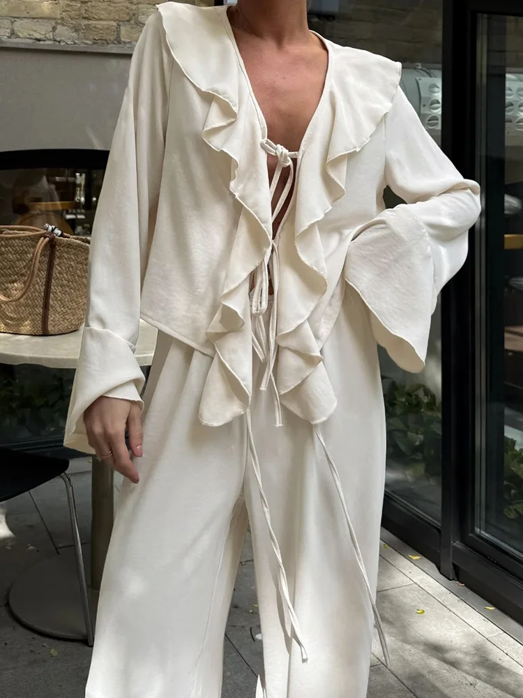 

Autumn Flare Long Sleeve Loose Women Outfit Casual Lace-up Ruffle Blouse Coat & High Waist Pant Sets Spring Solid Women 2pc Suit