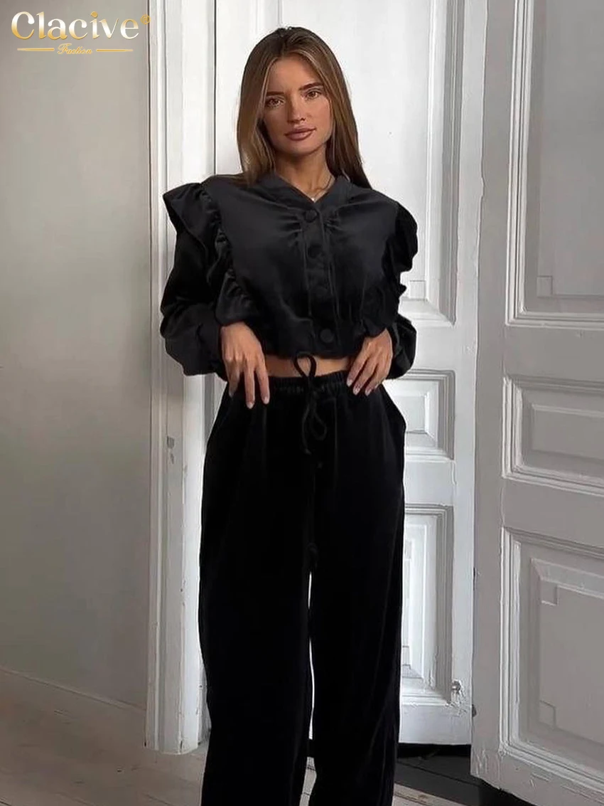 Clacive Fashion Loose Black Velvet 2 Piece Set Women Outfit 2024 Elegant Long Sleeve Shirt With High Waist Wide Pants Set Female