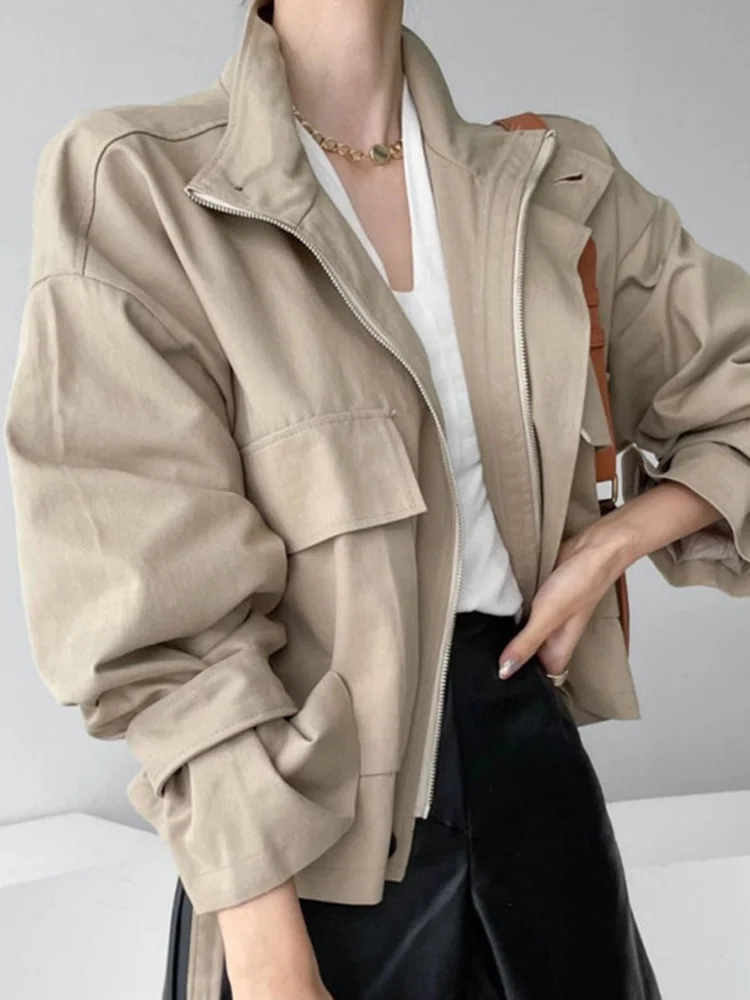 

Women Stand Collar Zipper Jacket Pocket Patchwork Long Sleeve Hem Elastic Drawstring Jackets 2023 Autumn New Tide Coat X217