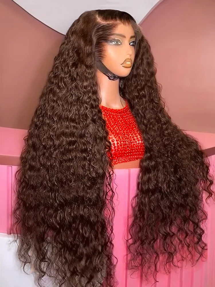 

40 дюймов 13x6 Hd Свободные глубокие волны Кружевные фронтальные парики Шоколадно-коричневый цвет Водяные вьющиеся парики из 100% человеческих волос для женщин Плотность 250