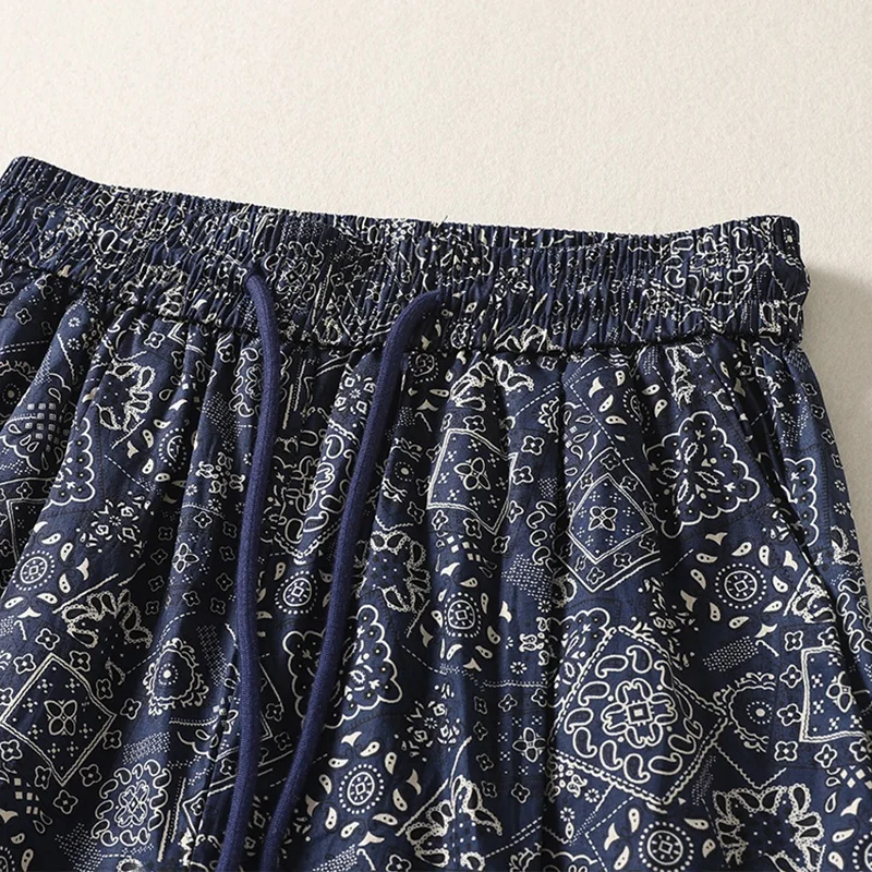 Sommer Neue Floral Baumwolle Druck Lose Abnehmen Casual Vielseitig Blau Paisley Elastische Taille Hosen Hohe Taille Lange Hosen Polyest...