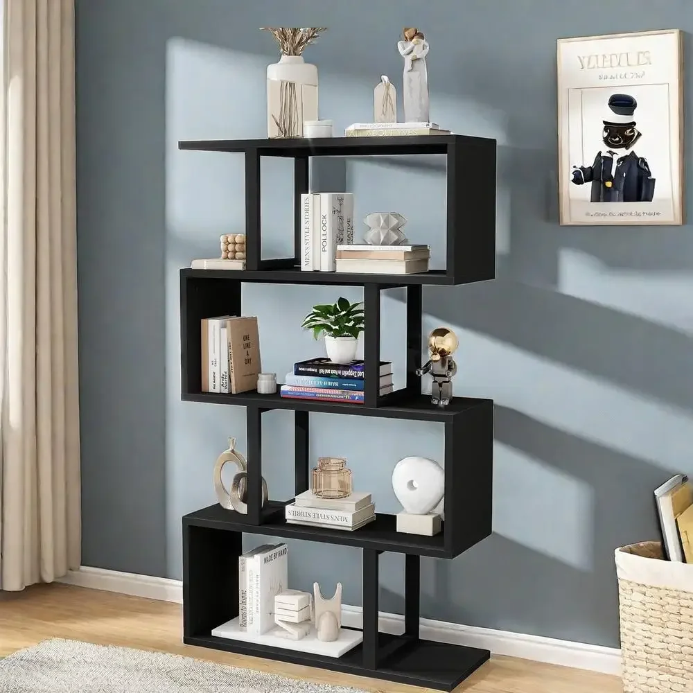 

Modern 5-Tier S-Shaped Geometric Bookcase Wooden Z-Shelf Storage Display Organizer Shelf Wood Frame Waterproof Particle Board