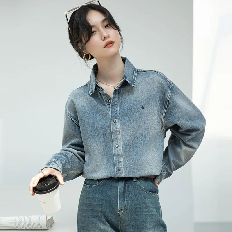 High Quality Denim Shirt Women New 2024 Autumn Vintage Style Turn-down Collar Basics Female Long Sleeve Casual Tops Shirts W1928