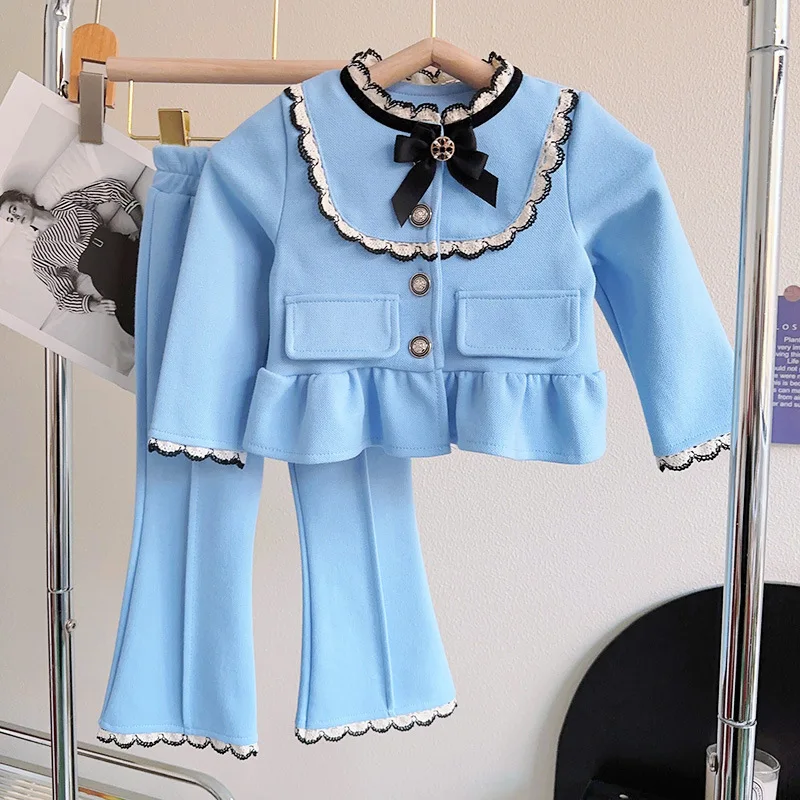 Larua Kors-Conjunto de ropa coreana para niña, suéter azul de manga larga con volantes y botones de vellón, conjuntos bonitos de 2 piezas, ropa de