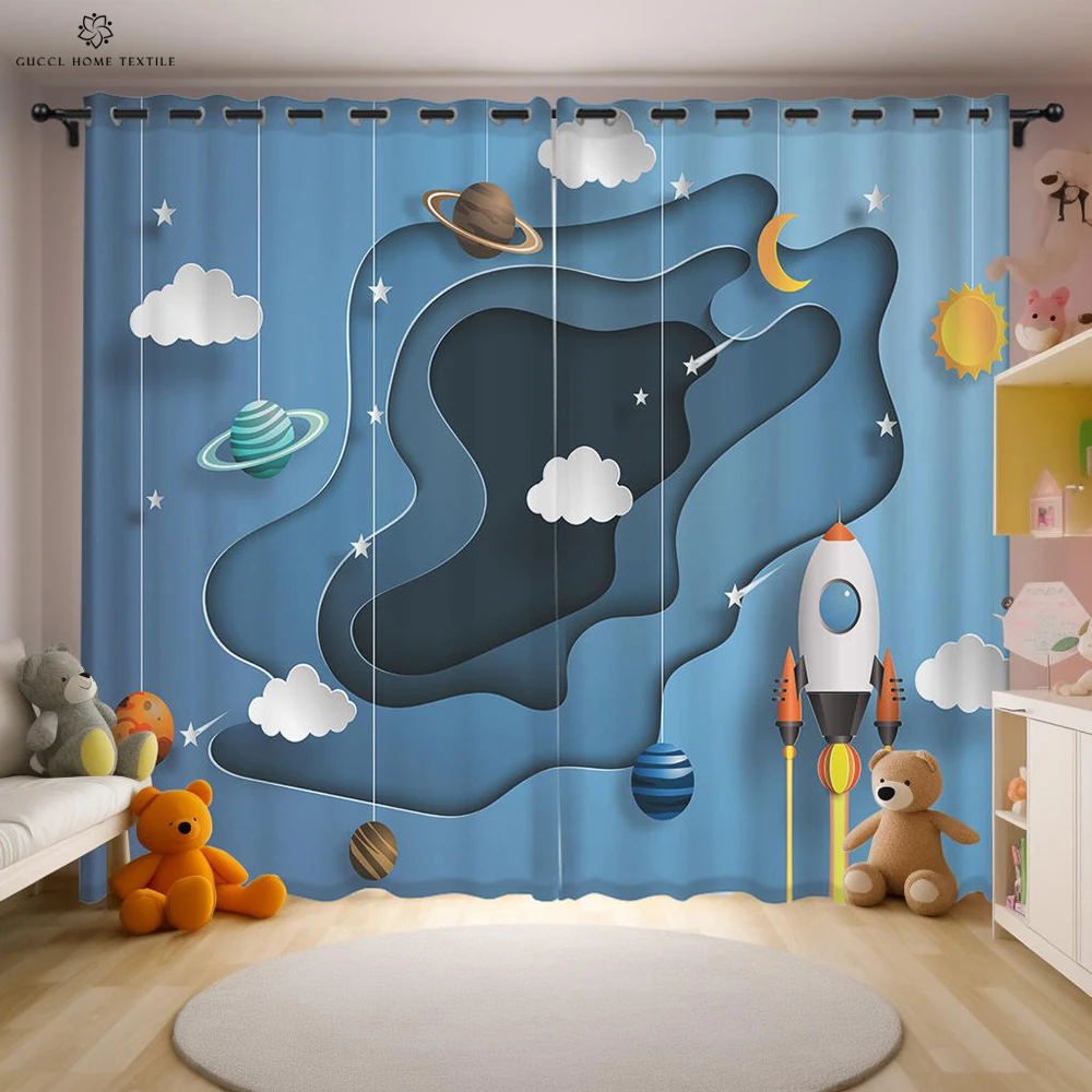 

Animated Cartoon Astronaut Space Curtains Children's Room Curtains Window Decoration Semi-Blackout Curtains Home Decoration