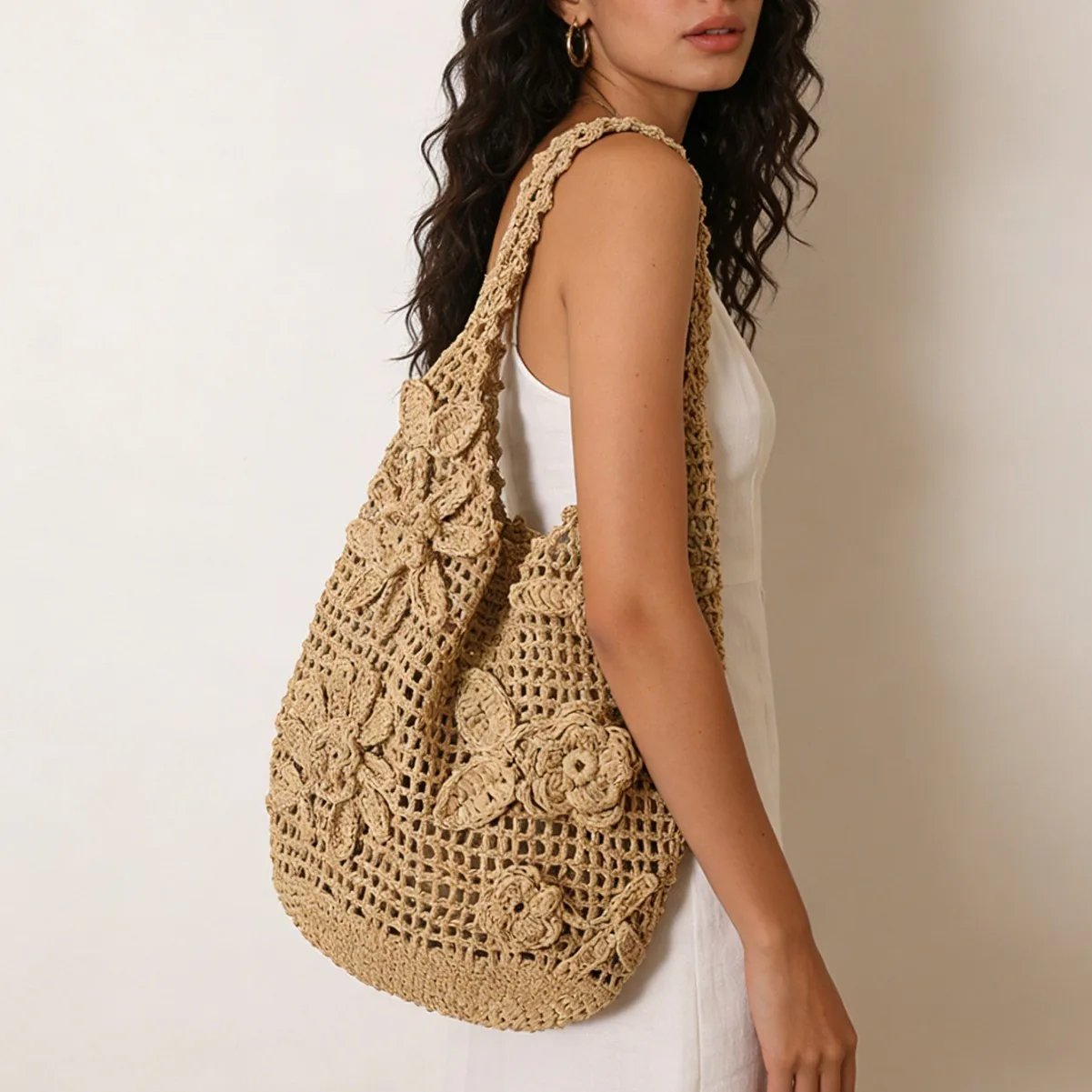 

Bohemian Flower Beach Bag Hollow Woven Shoulder Bags for Women Rose Crochet Straw Bag NEW Sea Floral Knitting Shopper Tote Hobos