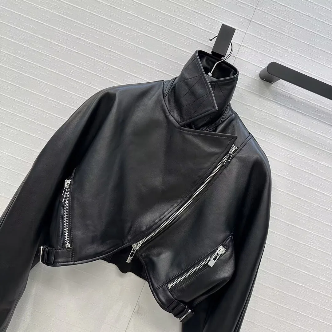 Luxury 100% Sheepskin Super Cool Cropped Motorcycle Leather Jacket Women Lapel Zipper Pockets Long Sleeve Short Streetwear Coat