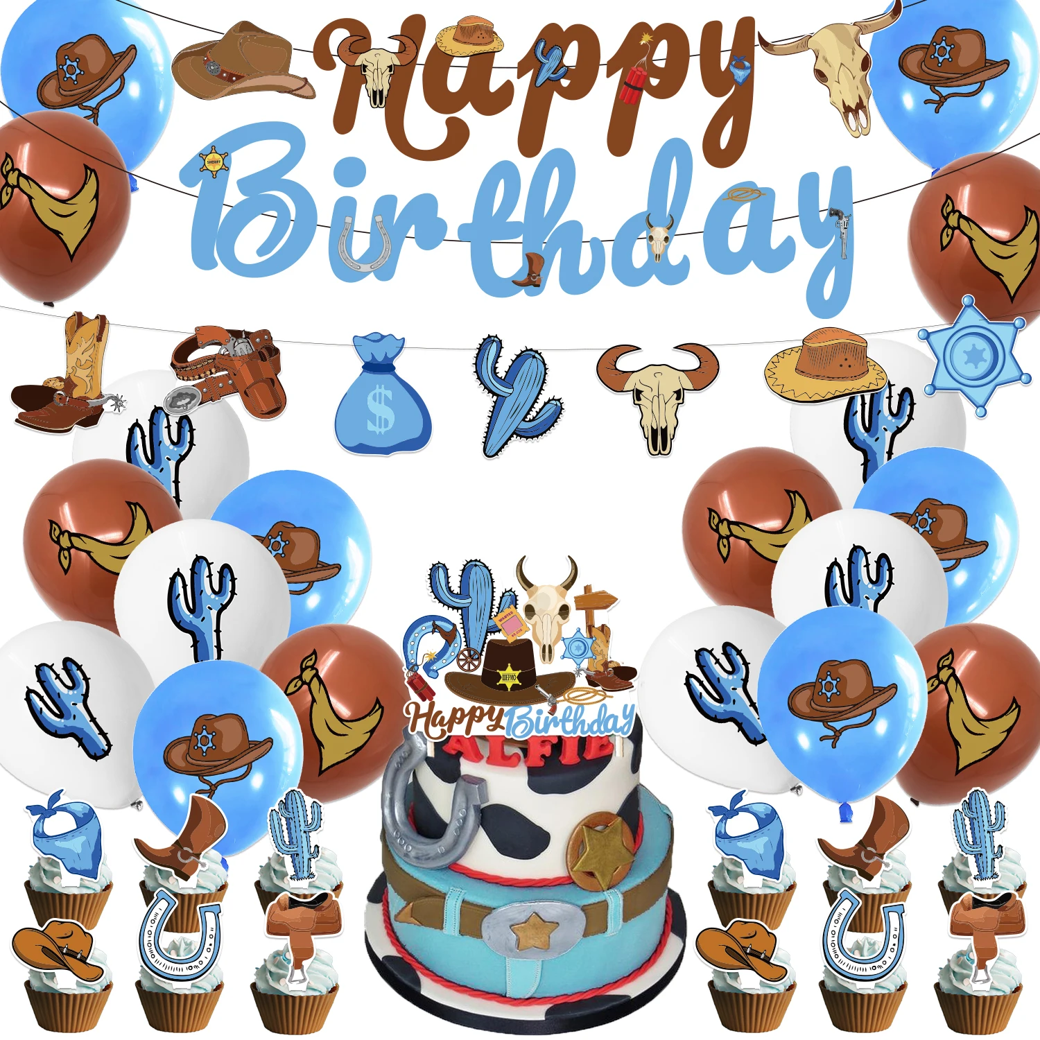 

West Cowboy Party Decoration Banner Cowboy Cake Topper Horse Balloon Kids Favor West Cowboy Theme Birthday Party Supplies