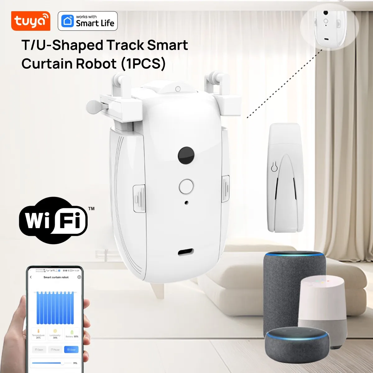 Tuya Smart WiFi Curtain Robot (1PCS with Hub) for T/U-Rail Tracks - App Remote Control, Alexa & Google Home Compatible