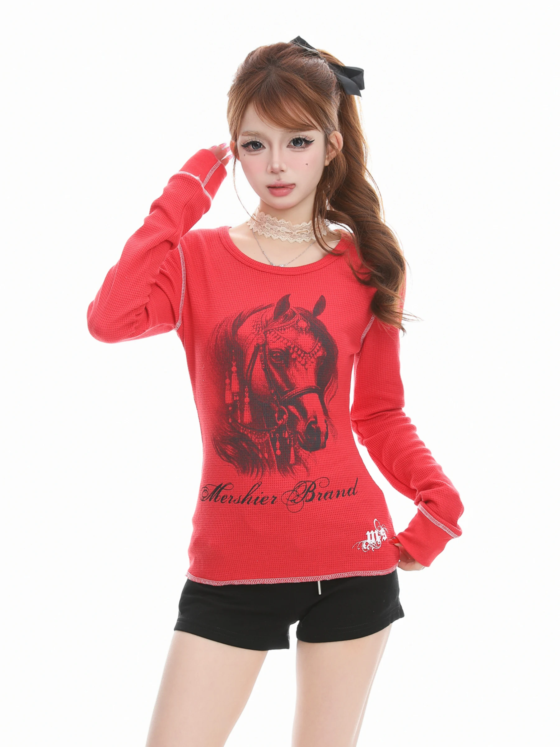 Basterds American Retro  Year Print Long Sleeve T-Shirt Women's Spring Spicy Slim Fit Inner Wear Top High Waist round Neck