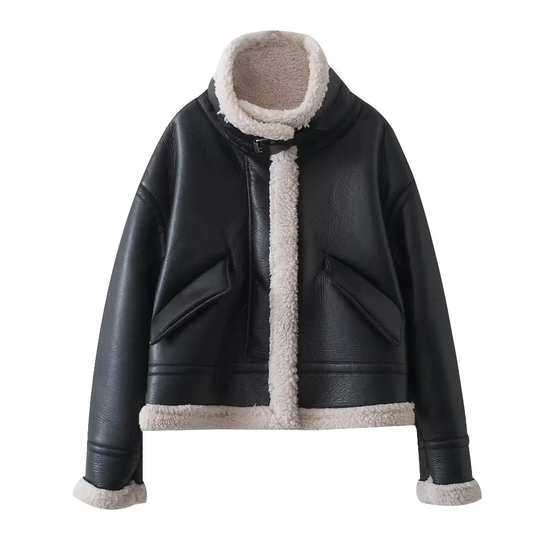 Moda feminina grosso quente couro falso shearling jaqueta casaco vintage manga longa aba bolso feminino outerwear chiques topos