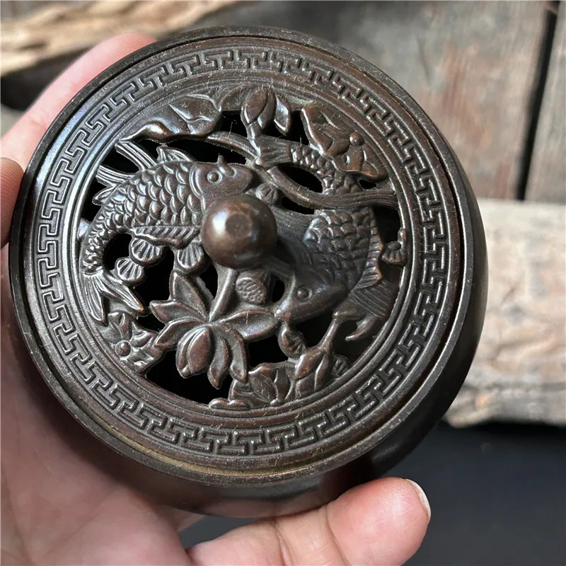 Copper handicrafts, old collection, copper hollowed out lotus fish incense burner with thick and mellow paste