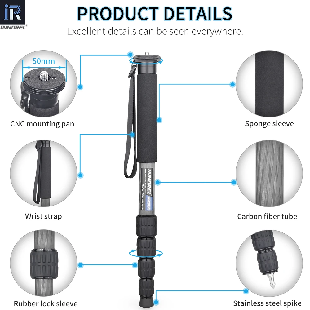 RM285C/RM325C Professional Carbon Fiber Monopod for Canon Nikon Sony DSLR Camera Video Camcorder 5-Section Photography Bracket