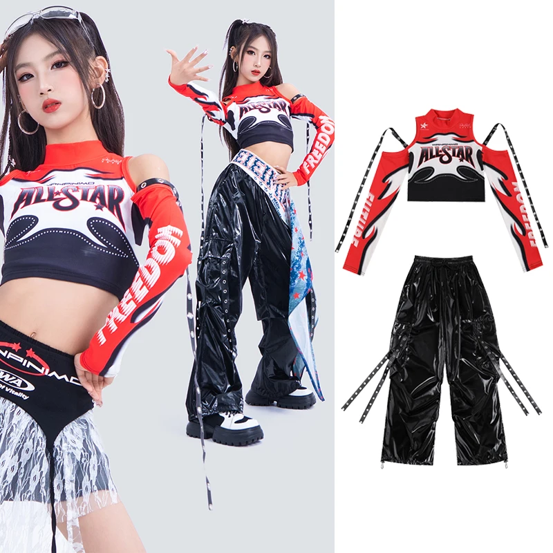 ชุดการแสดงเต้นแจ๊สสมัยใหม่สำหรับเด็กปี 2025 สำหรับเด็กผู้หญิง เสื้อครอป กางเกงหนัง ชุดสตรีทแวร์ ฮิปฮอป รุ่น XH3816