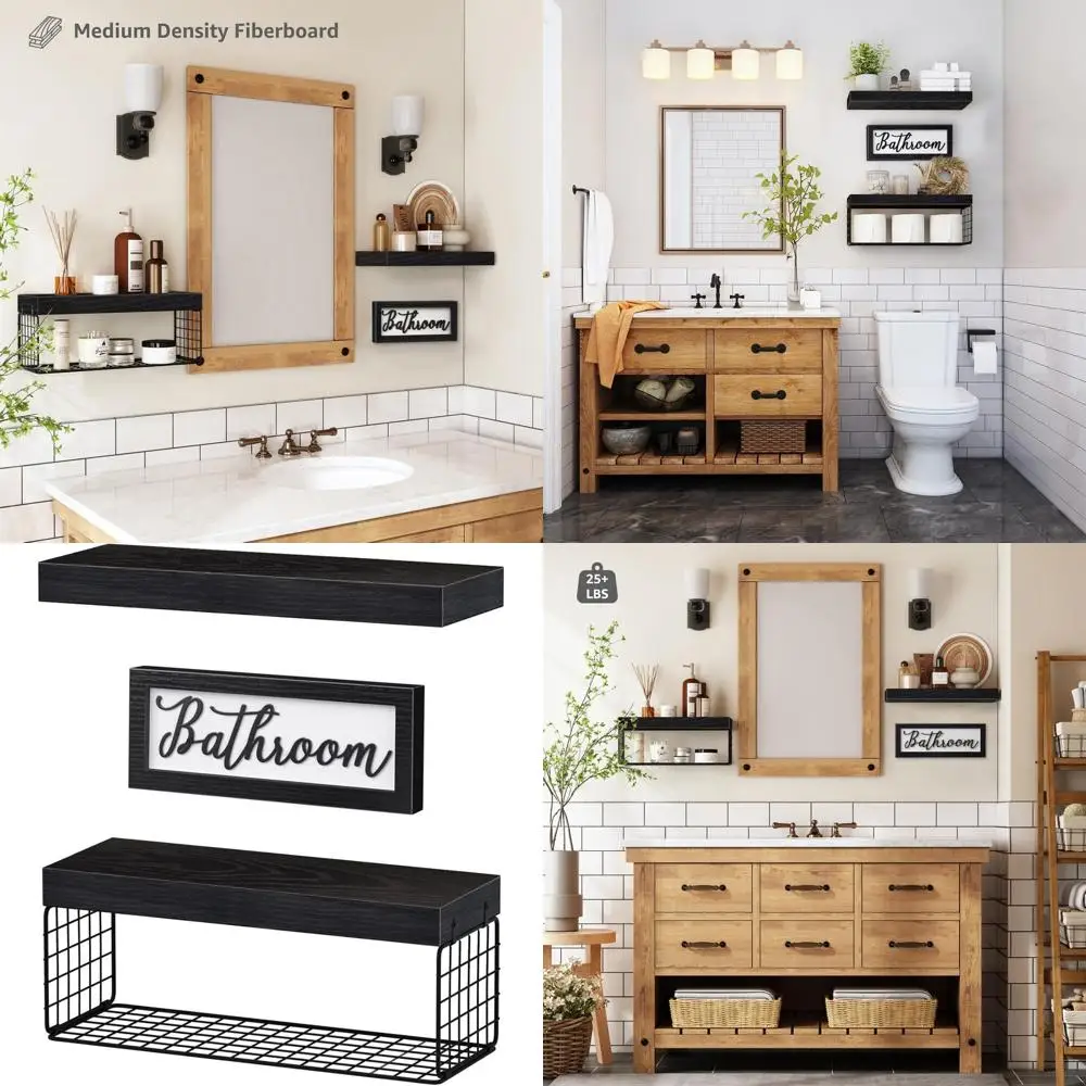 

Over-the-Toilet Wall-Mounted Floating Shelves, 16 Farmhouse Style, 2+1 Set, Black Paper Storage Decor