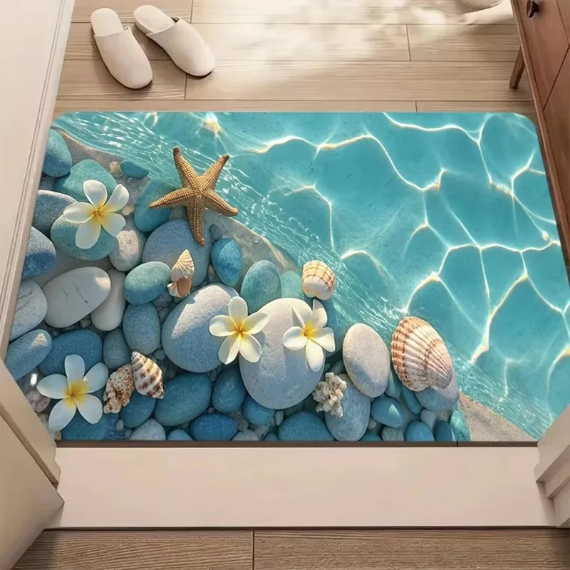Beach Wave Foam Starfish Seashell Coastal Print Doormat Non Slip Entrance Mat Nautical Vacation Decor Front Door Rug