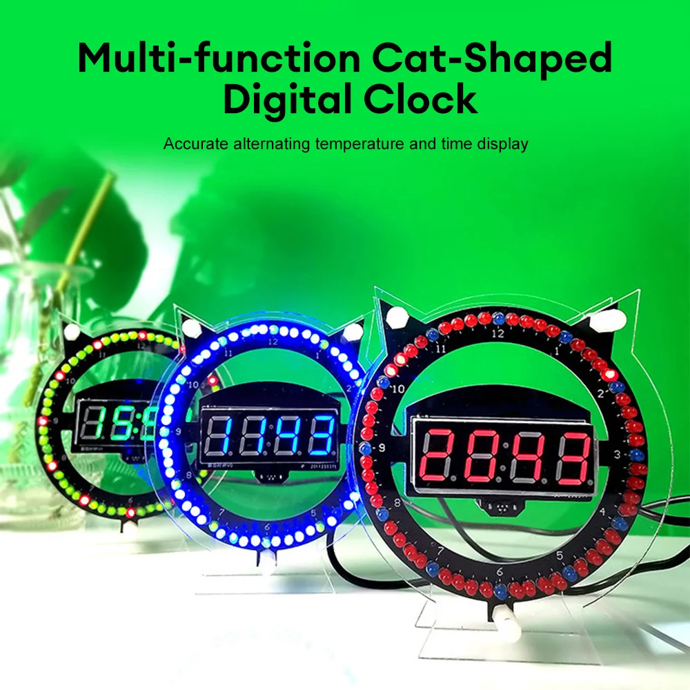 5V LED Fun Alarm Clock Multi-Function Kitten Clock Creative Light Control Temperature Assembly DIY Electronic Soldering Kits