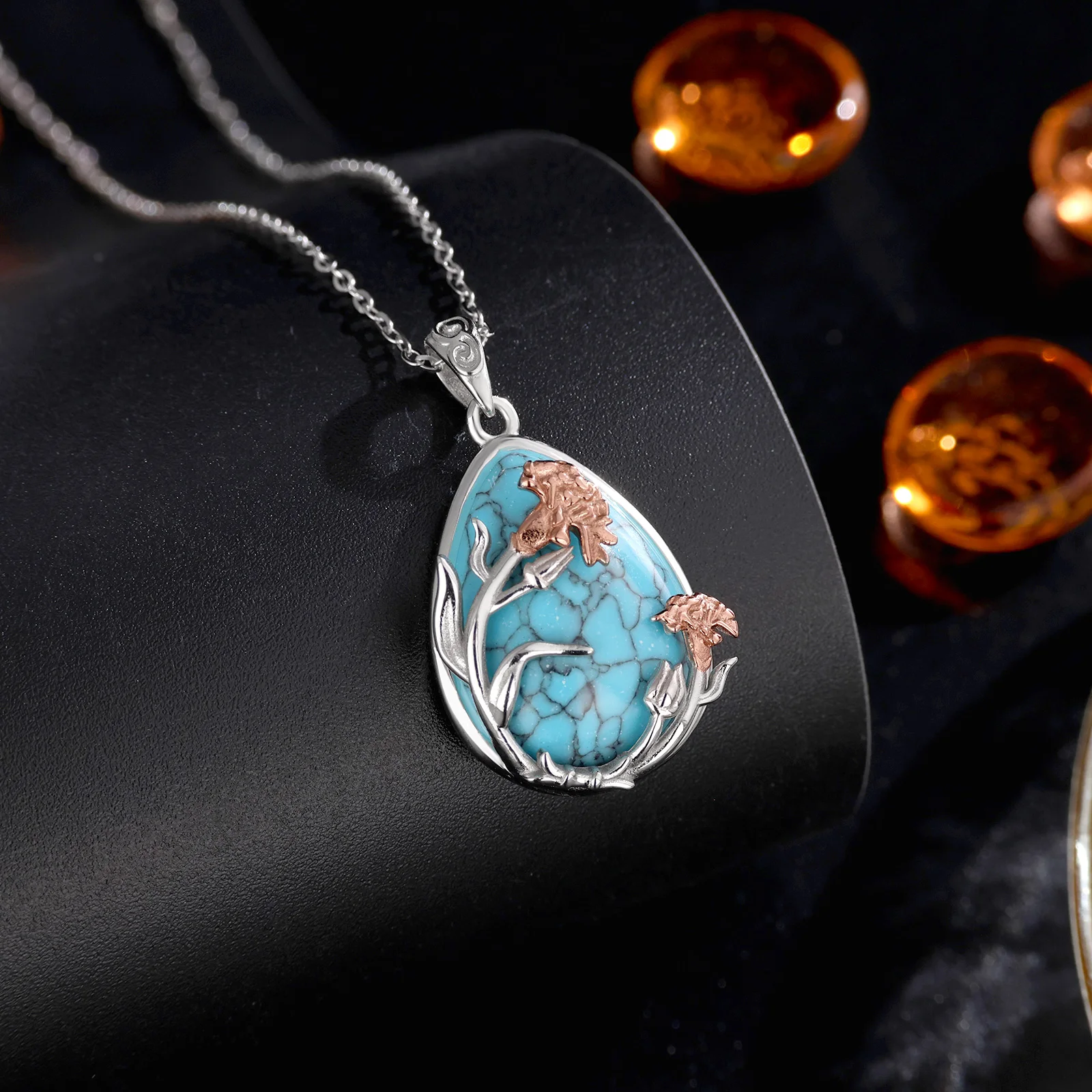 AEONSLOVE 925 Sterling Silver Teardrop Turquoise Pendant Delicate Carnation Flower Necklace Lucky Amulet Birthday Gift for Mom