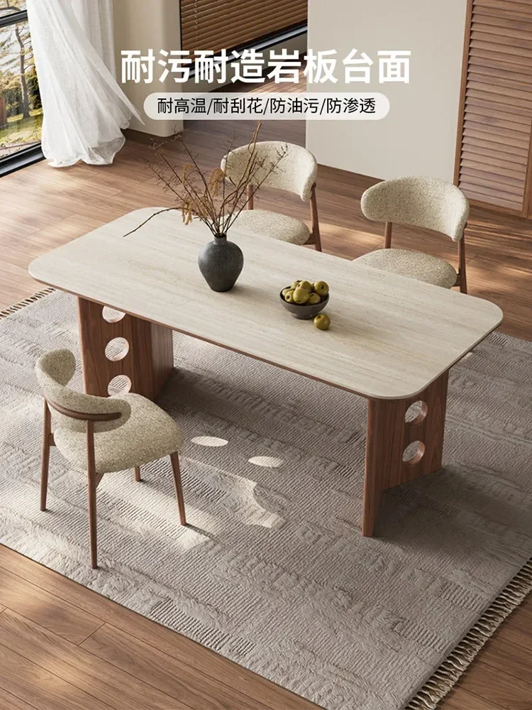 Medieval Rectangular Household Small Apartment Solid Wood Rock Board Dining Table And ChairsD21