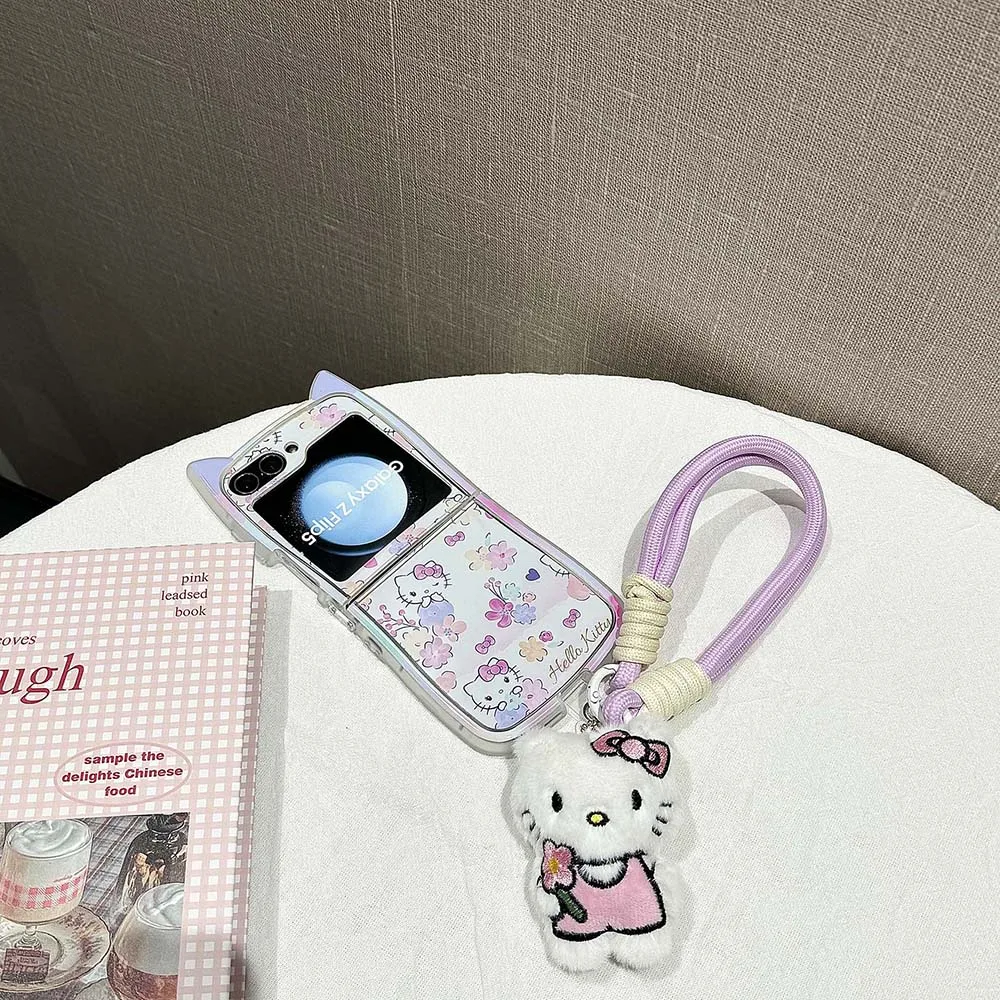 Cute Hello Kitty 3D Cat Ear con custodia per telefono con cordino per Samsung Galaxy Z Flip 3 4 Z Flip 5 6 5G PC Cover posteriore rigida Anti-goccia