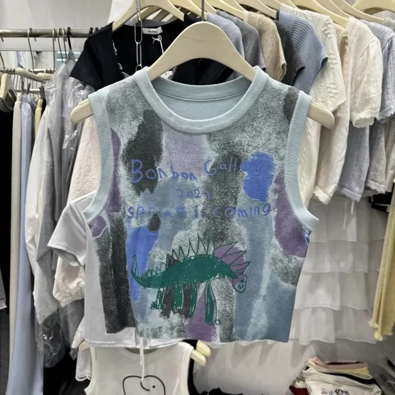 Feminino retro graffiti malha colete verão 2026 novo fino sem mangas regata contraste colorido casual camisola colheita topo