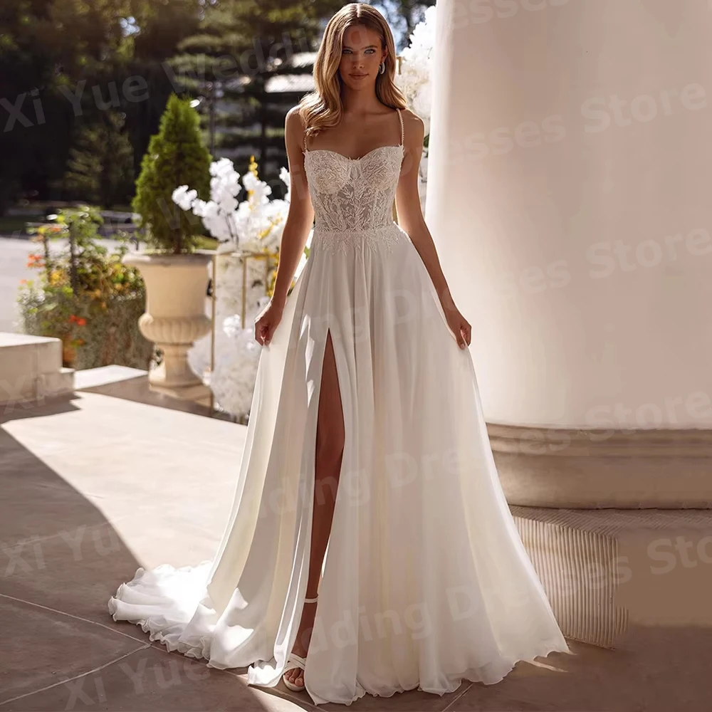 

Charming A Line Women's Lace Appliques Spaghetti Straps Wedding Dresses Vestido De Novia Bride Gowns Customized Robe De Mariée