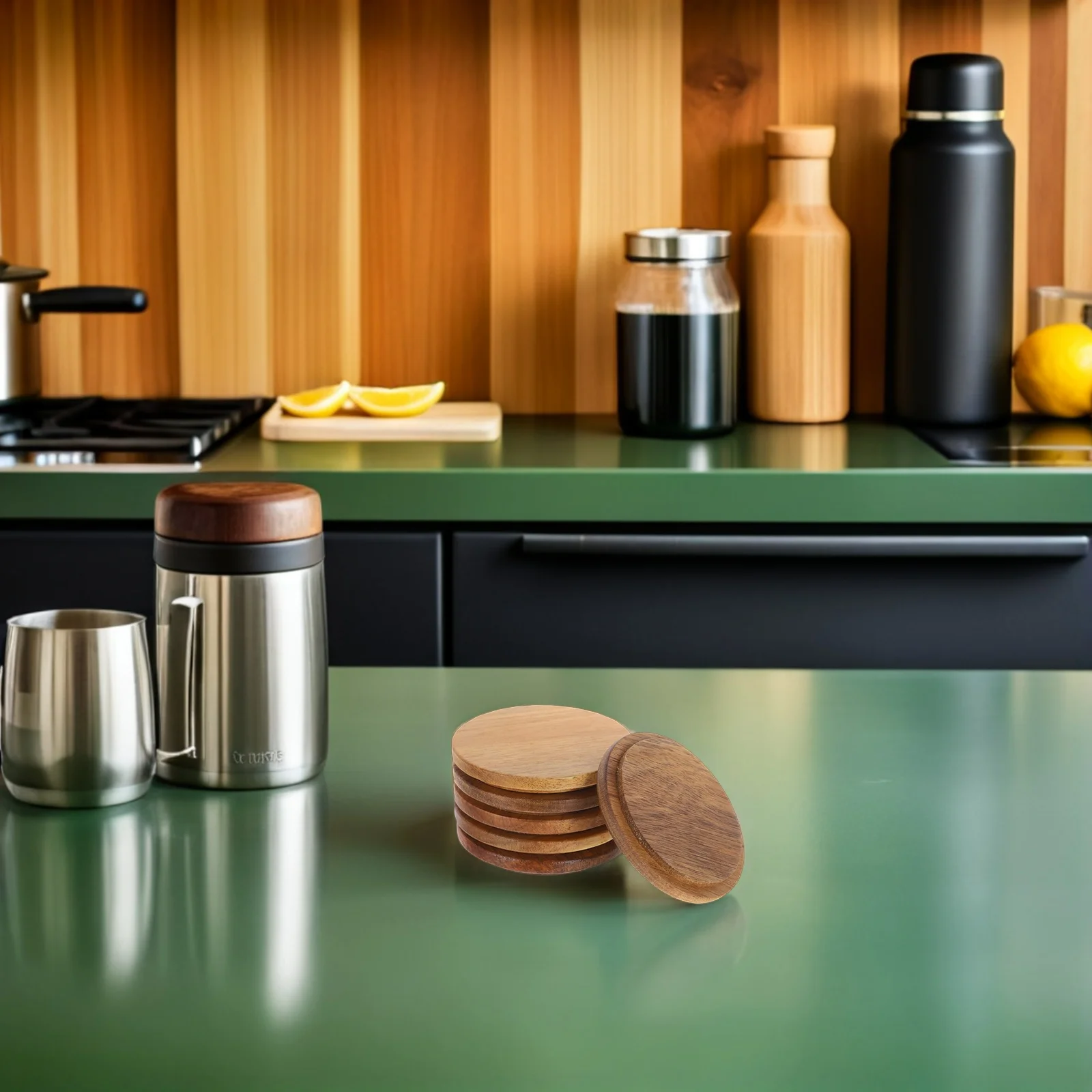 

6pcs Vintage Acacia Wood Lids Round Replacement Covers For Glass Bottles Mugs Canning Jars Sealing Caps Beverage Storage Kitchen