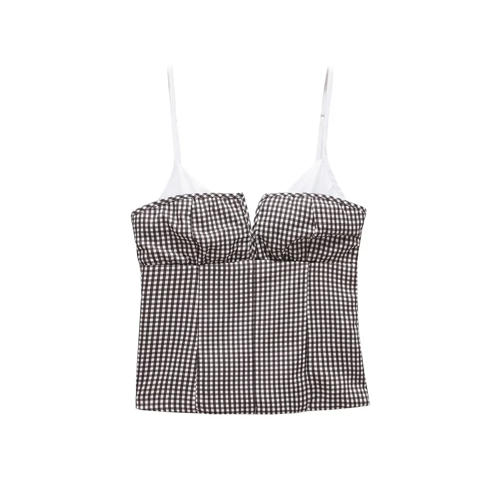 

women's fashionable sweet slim fit short plaid tight corset style vest with zipper decoration and suspender top