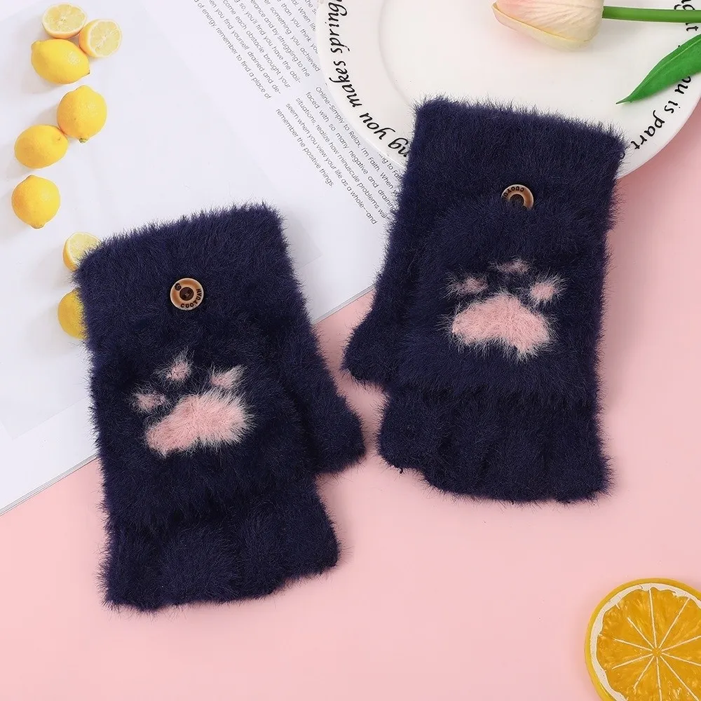 Cartoon Style Soft Cat Paw Gloves Flip Up and Down Thicken Half Finger Gloves Touch Screen Cozy Warm Mittens Outdoor