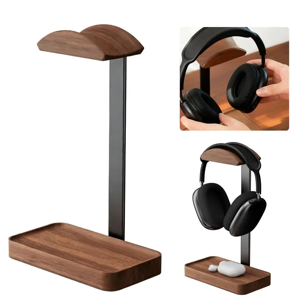 Walnut Wood Headphone Stand Aluminum Alloy Desktop Holder With Storage Tray For Over‑Ear Headphones AirPods Max
