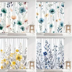 Simple Watercolour Floral Shower Curtain Blue Flower Yellow Grey Botanical Flower Polyester Fabric Shower Curtain Bathroom Decor