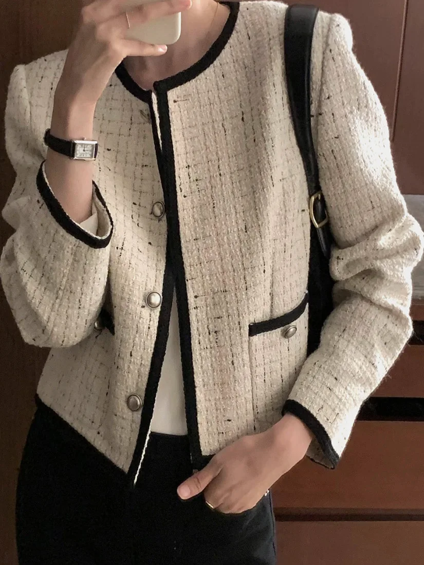 

Ранняя осень, круглая блузка Ne Color Thiened Tweed, женская верхняя одежда Ele French Sle, свободная посадка на пуговицах