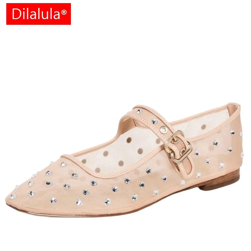 Dilalula 2025 Young Women Gauze Mary Janes Flats Women Crystal Mesh Ballet Flat Shoes Summer Fashion Ladies Dance Sandals