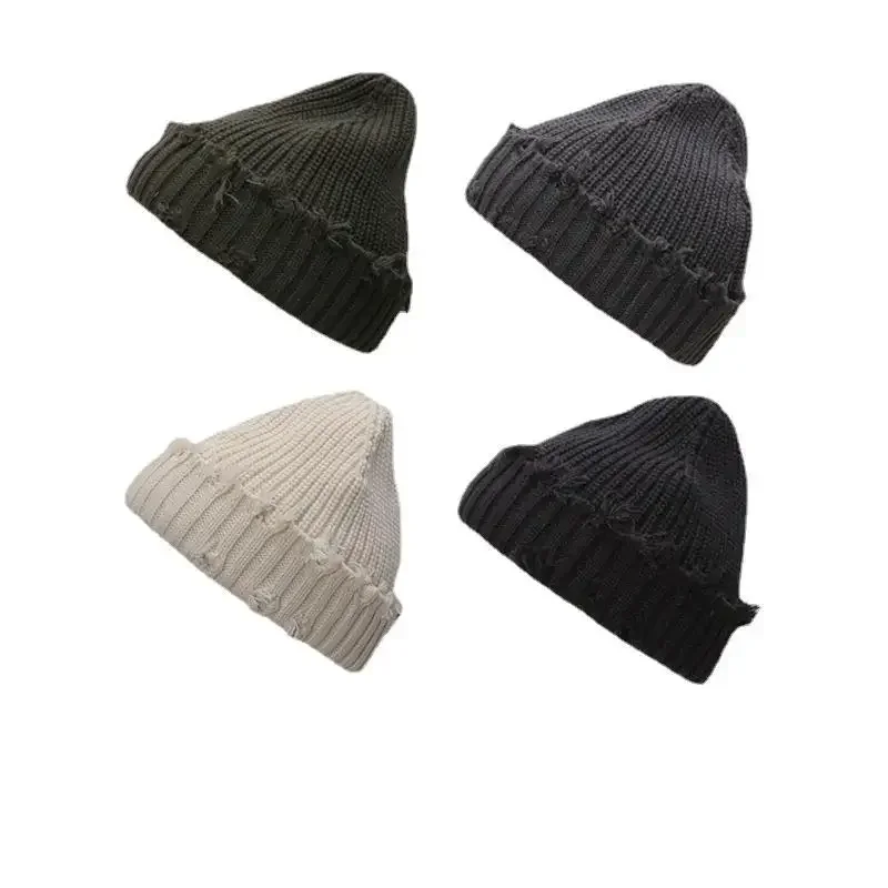 2024 New Fall and Winter Hip Hop Trend Broken Brim Knitted Hat Woman Man Green Grey Black White Hole Cap Warm Hat Bonnets Fall