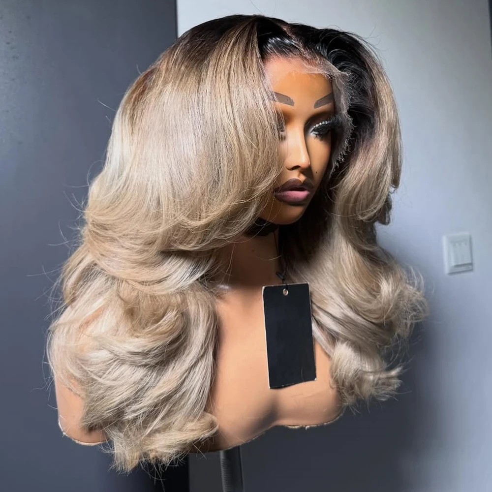Ombre asblonde body wave korte haarwortels pruik van echt haar met babyhaar, 13x6 transparante kant voorkant pruik, voorgeplukt, puur voor vrouwen - afbeelding 2