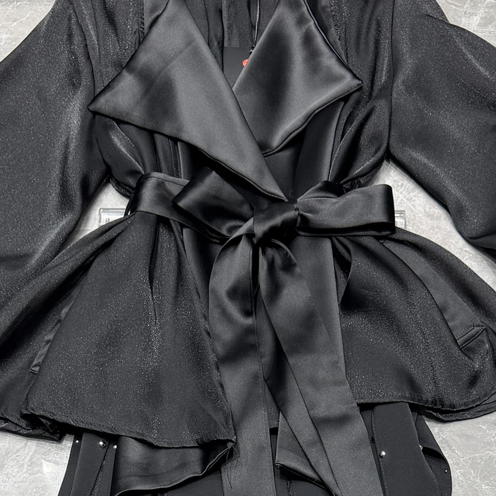 TWOTWINSTYLE Chic Black Two Piece Set for Women Lapel Long Sleeve Satin Shirt Lace Design Skirt Suit for Wedding Guest KJA560931 view 5