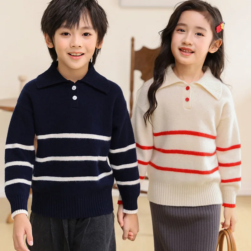 Autumn and Winter New Wool Male and Female Same Style Collar Artistic Shirt Contrast Color Striped Middle and