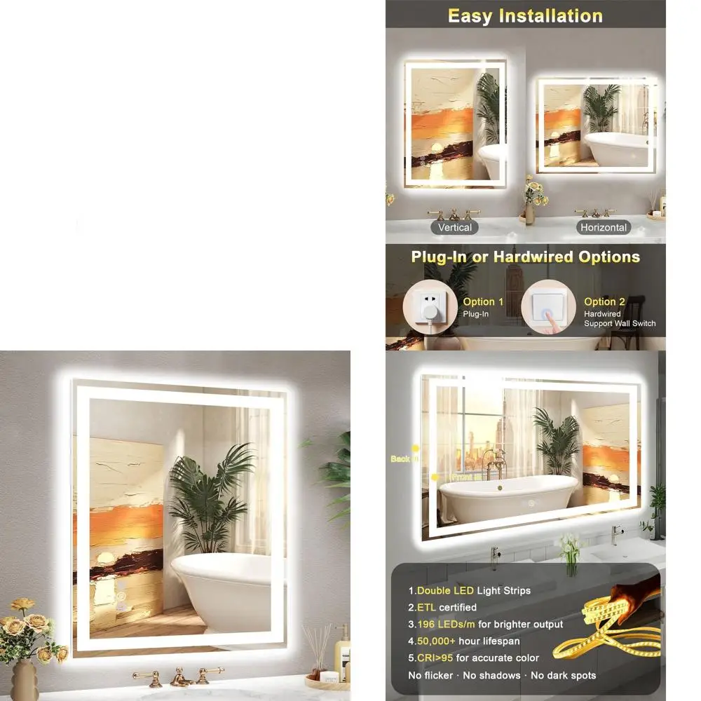 

30x36 Inch LED-Illuminated Bathroom Mirror with Front and Back Lighting, Anti-Fog and Smart Memory Function, Tempered Glass, ETL
