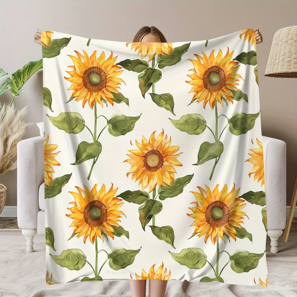 Cozy Sunflower Print Flannel Blanket - Soft, Warm & Versatile for Naps, Camping, Travel & Home Decor - Perfect Gift for Friends