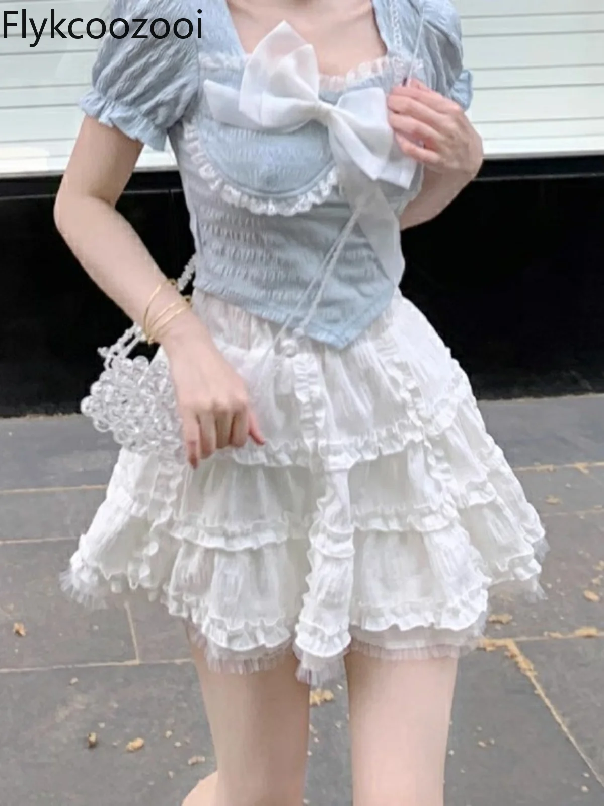 Summer New Bow Pleated Lace Top + Cake Shaped High Waist A Line Skirt Women Conjunto De Mujer 2-częściowy Elegante