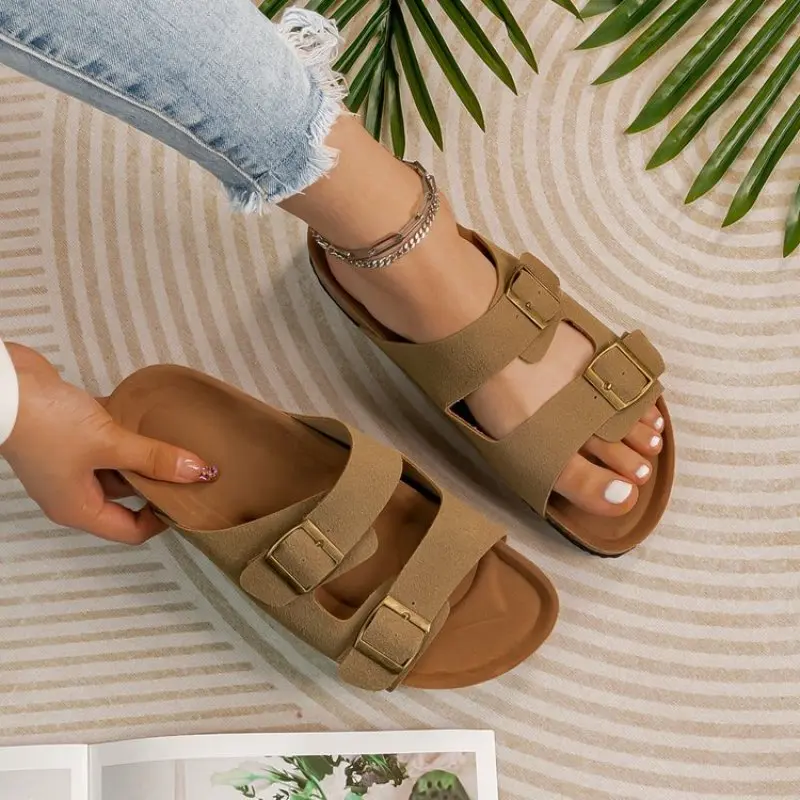 

Spring And Summer Belt Buckle Slippers Leather Soft Bottom beach slipper Women Fashion comfort Casual simple sandals Big Siz 43