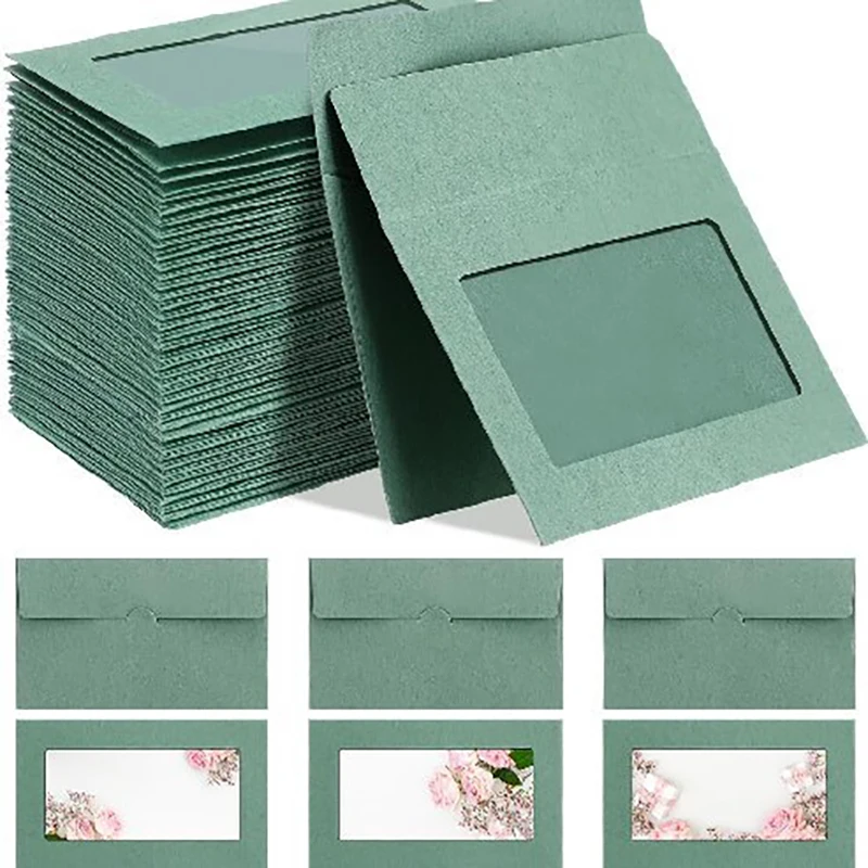 Bolsa de sobres con ventana verde salvia, 50 Uds., 10x6cm, papelería de negocios, postal, caja de regalo, embalaje, sobre de carta, invitación de boda