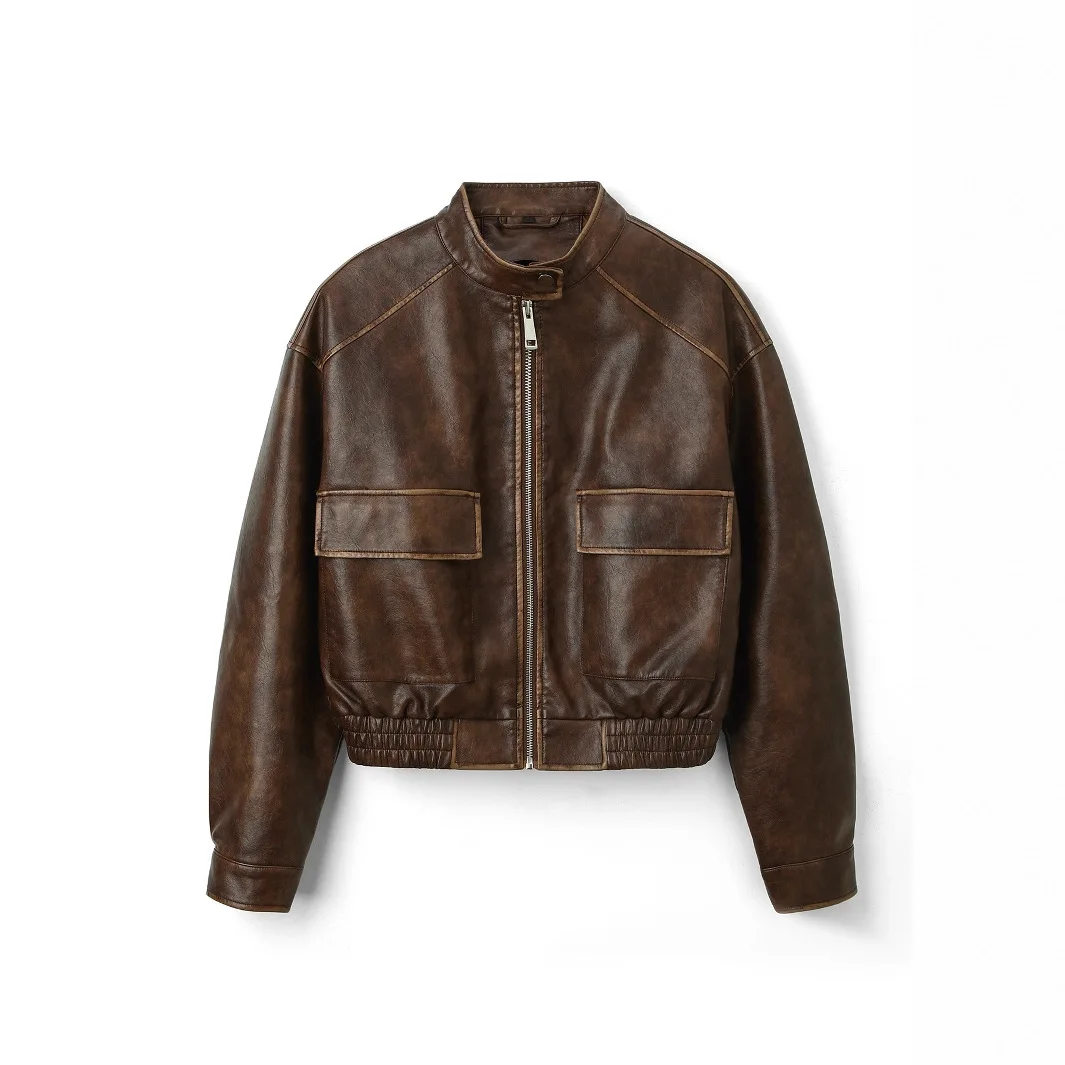 

Женское повседневное байкерское пальто из искусственной кожи с воротником-стойкой, осенне-зимняя модная верхняя одежда Fem Leisure Sle