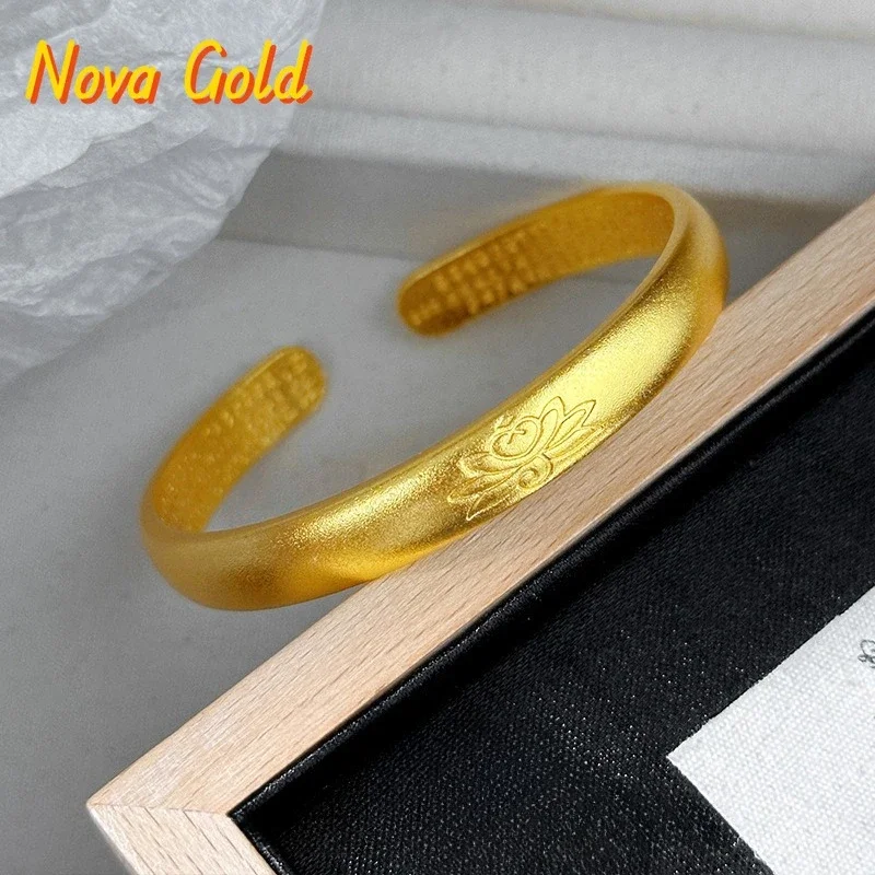 

NovaGlod Ancient method 9999 frosted lotus opening bracelet 24K real gold Chinese style adjustable good luck lotus heart sutra