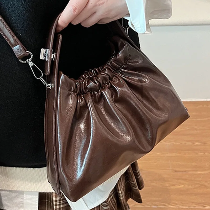 Women's Burgundy Ruched Cloud Bucket Bag, Soft Patent Leather Top-Handle Crossbody Purse for Fall Winter Daily Commute & Dating