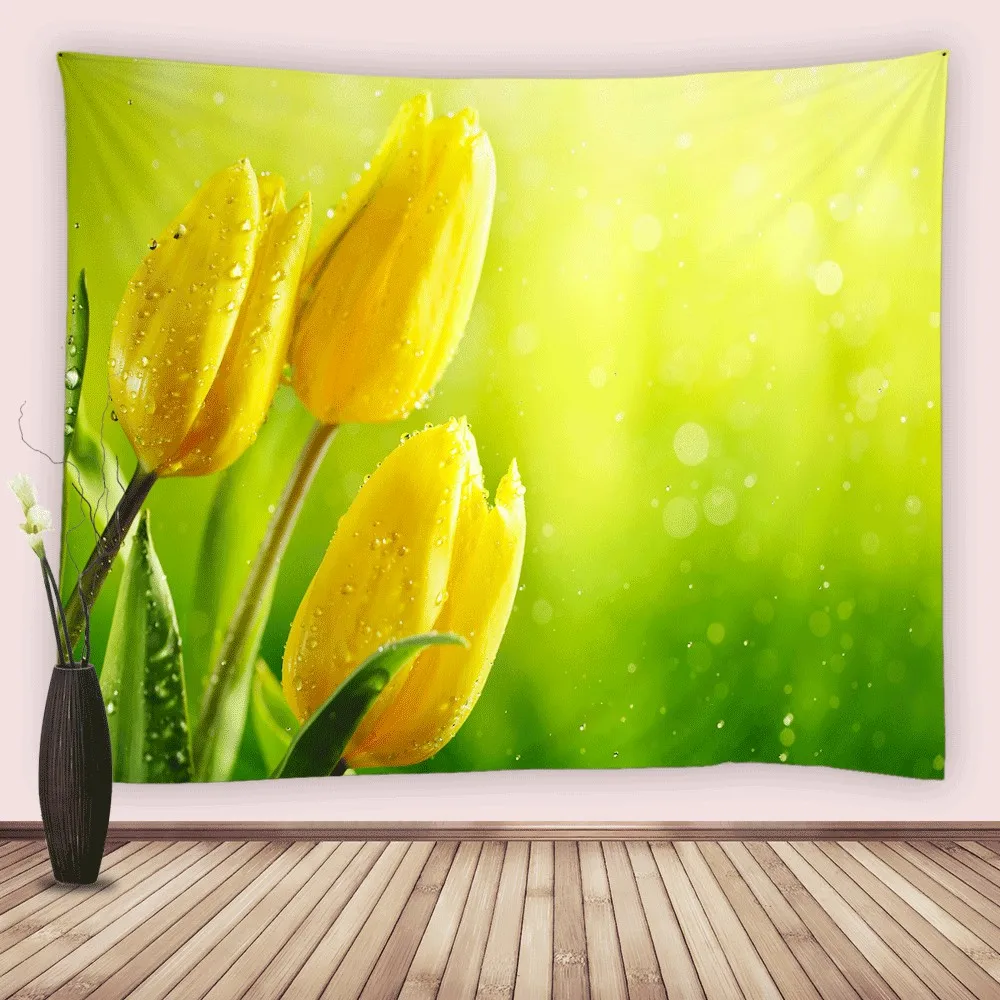 

Yellow Tulip Flowers Tapestry Home Wall Hanging Dorm Bedroom Living Room Decor Spring Bloom Floral Tapestries Blanket Tablecloth