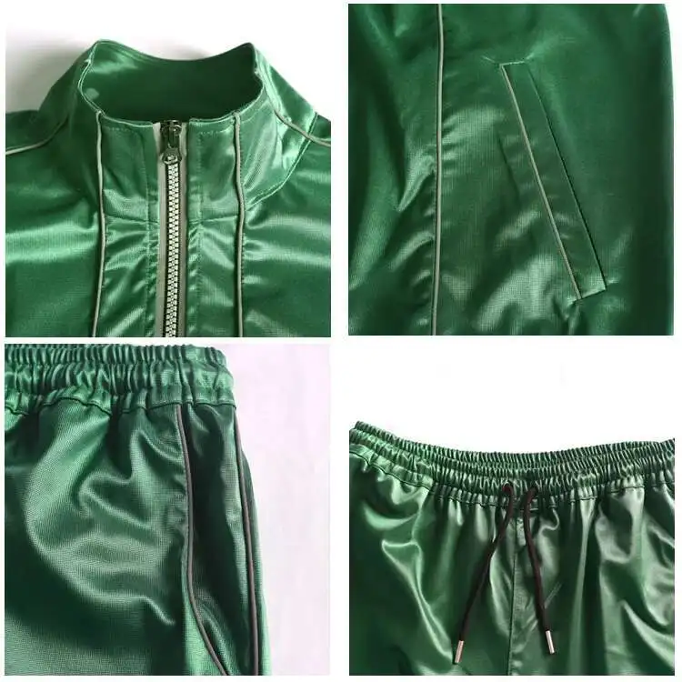 Glossy reflective green sports suit women men two-piece set Shiny plus size dance stage long sleeve outfits pants